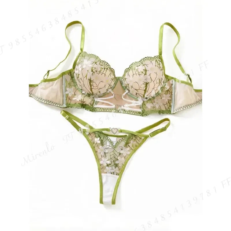 Ethereal Green Mesh and White Daisy Embroidered Underwire Bra Set