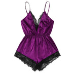 Sleek Satin-Finish Romper Teddy with Plunging V-Neckline and Eyelash Lace Trim