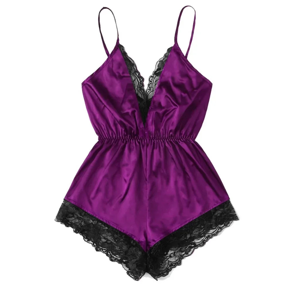 Sleek Satin-Finish Romper Teddy with Plunging V-Neckline and Eyelash Lace Trim
