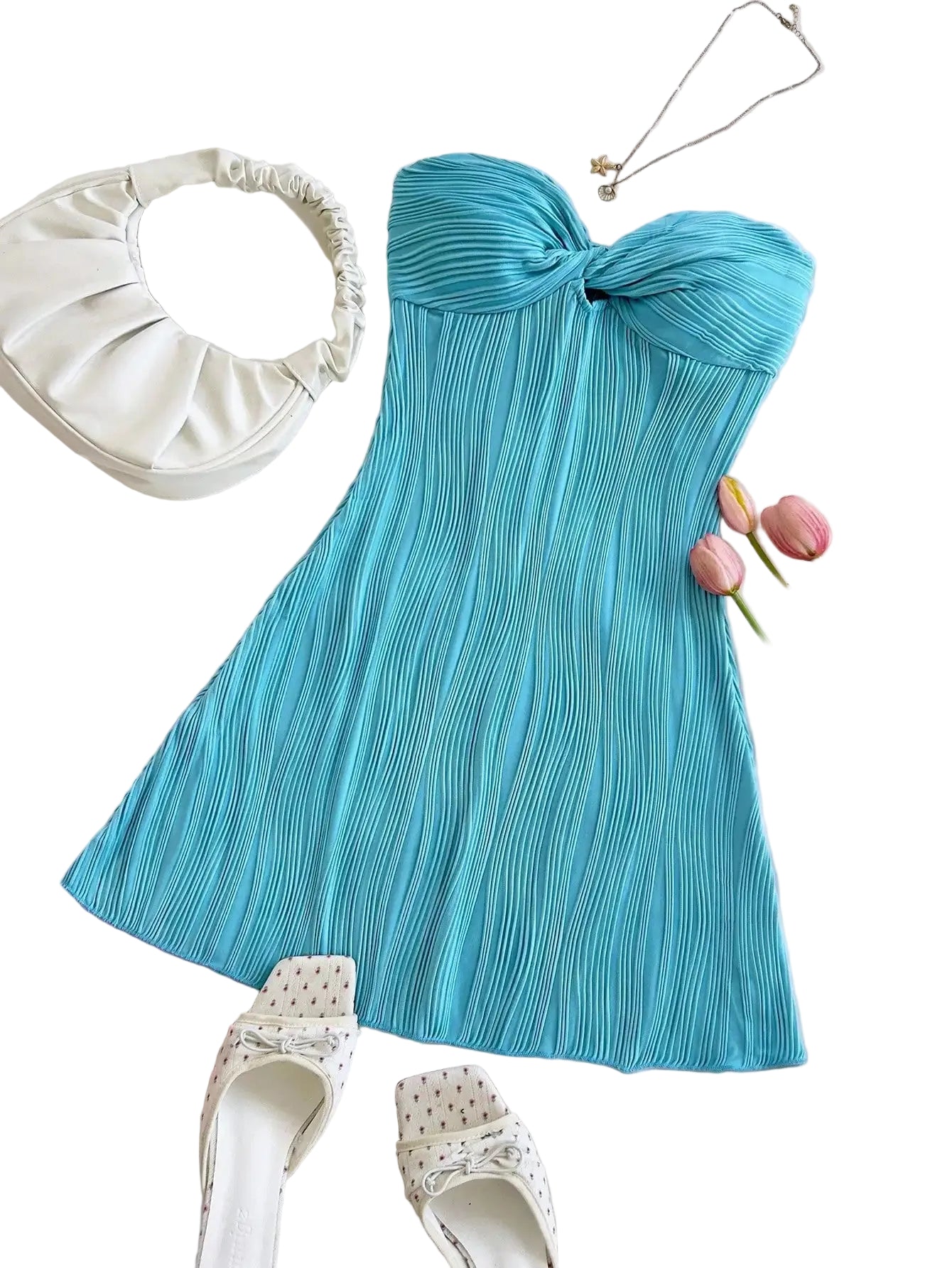 Strapless Pleated Mini Dress with Twist Front Detail A-Line Silhouette