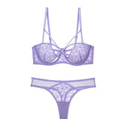 Lilac Strappy Floral Lace Underwire Bra and Cutout Thong Set