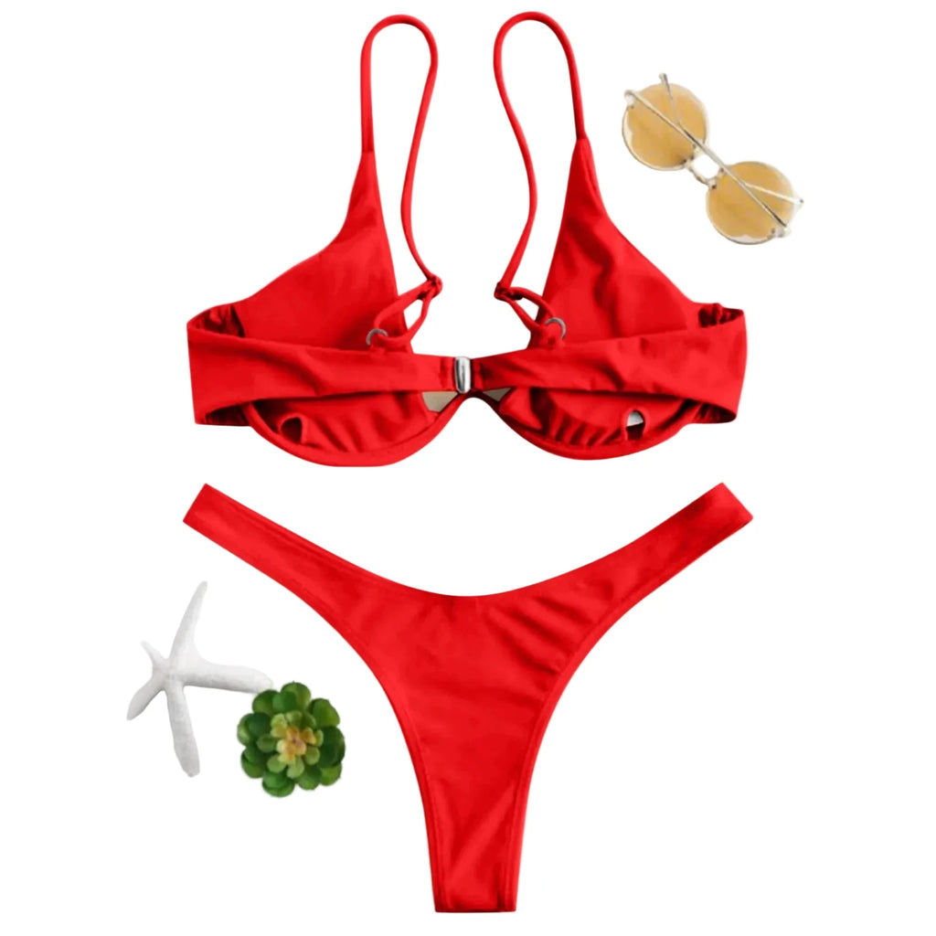 Vibrant Red Underwire Bikini with Plunging V-Notch and High-Cut Bottom