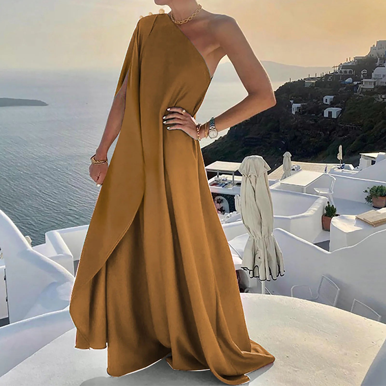 One Shoulder Pleated Maxi Dress with Relaxed Bohemian Silhouette