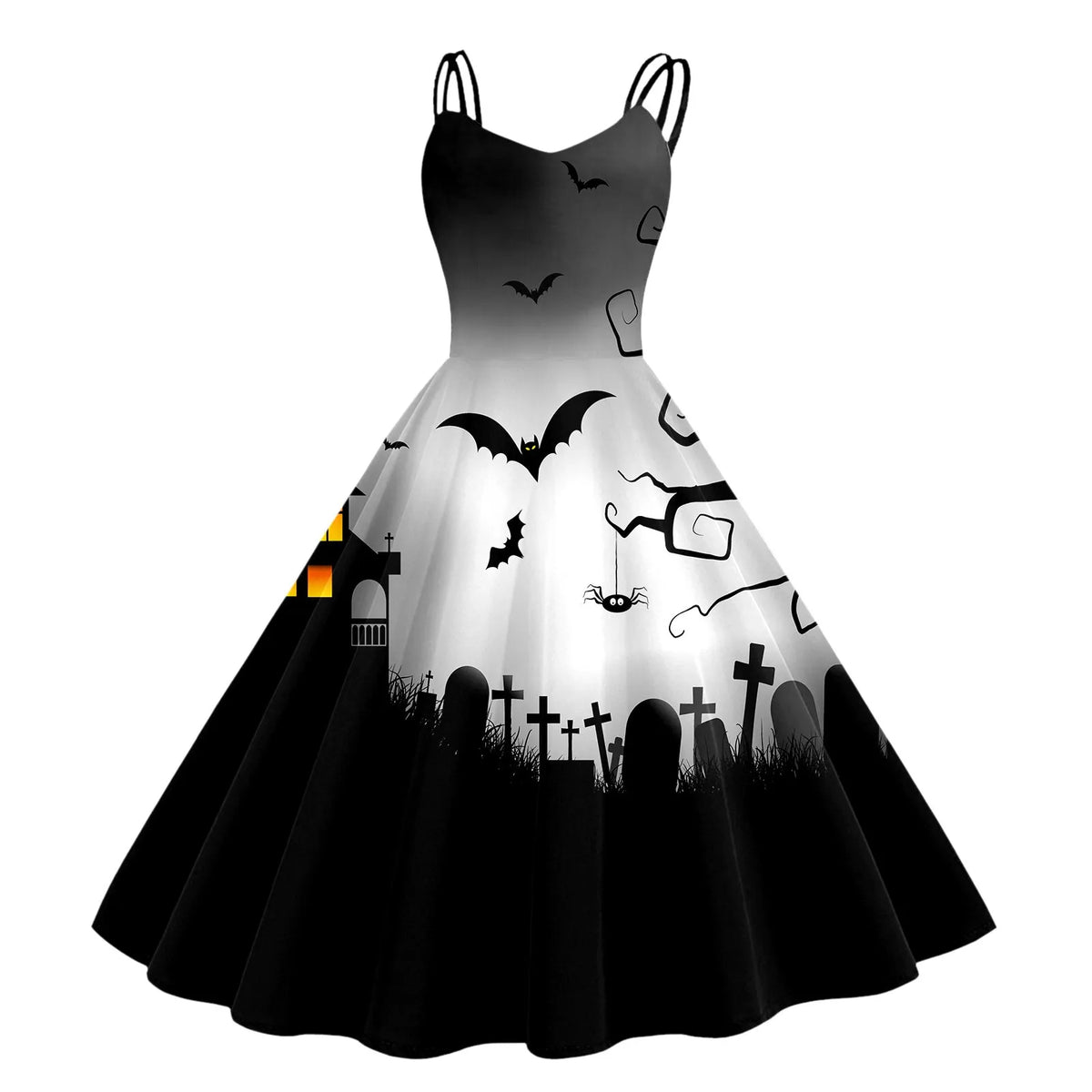 Halloween Graveyard Print Flared A-Line Dress with Double Spaghetti Straps