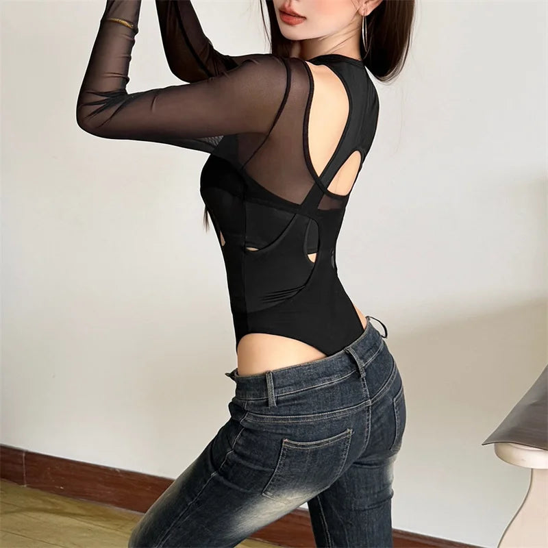 Mesh Panel Cutout Bodysuit for Gothic Techwear and Alternative Fashion