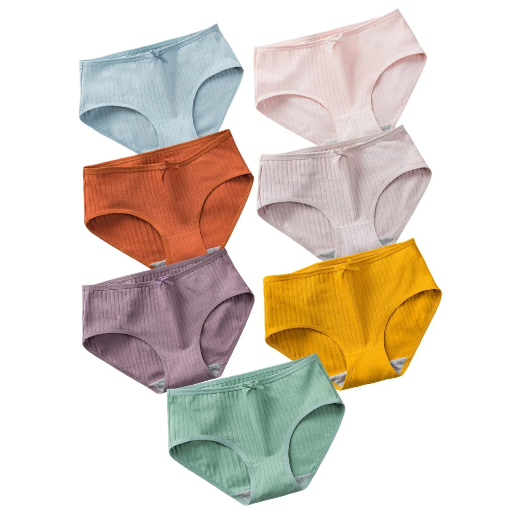 Seven-Piece Ribbed Cotton Blend Mid-Rise Brief Set with Bow Detail