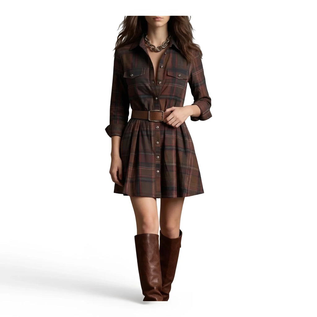 Classic Brown Plaid Long-Sleeve Shirt Dress with Pleated Mini Skirt