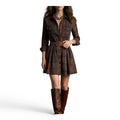 Classic Brown Plaid Long-Sleeve Shirt Dress with Pleated Mini Skirt