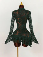 Sheer Lace Mini Dress with V-Neckline and Flared Sleeve Party Style