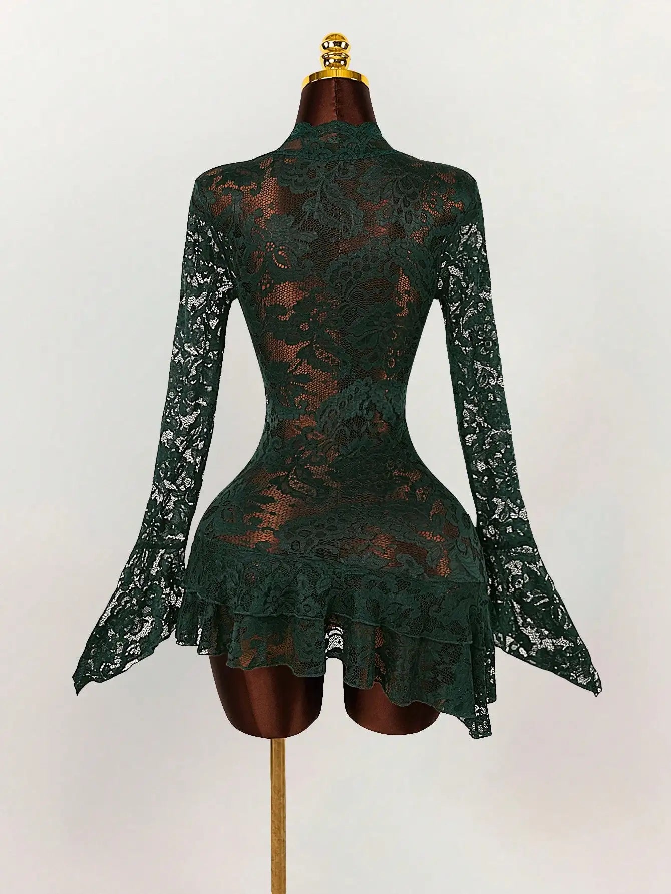 Sheer Lace Mini Dress with V-Neckline and Flared Sleeve Party Style