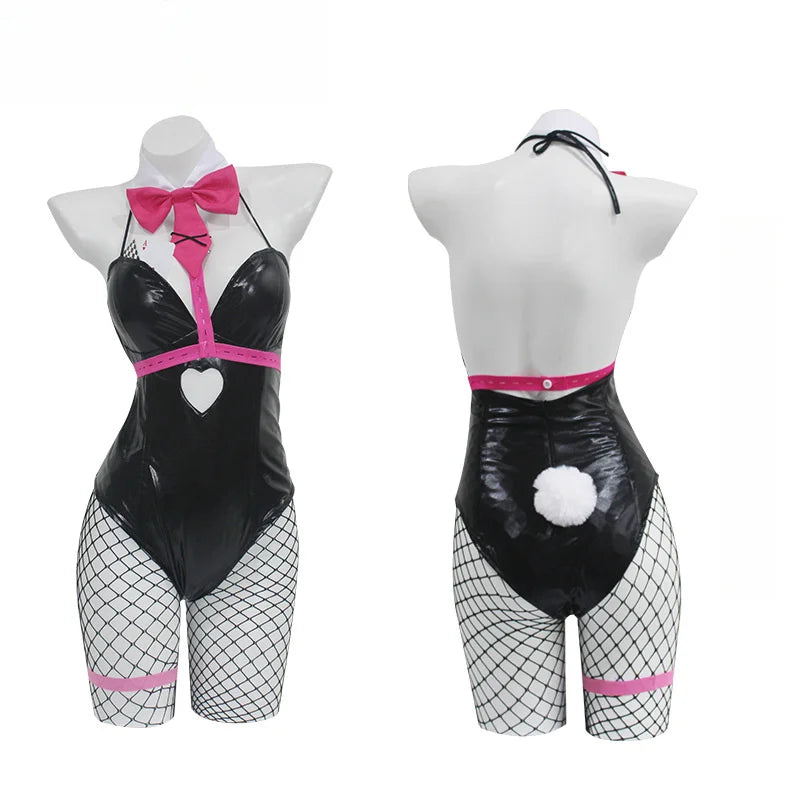 Daring Black Bodysuit Set with Pink Harness Details and Heart Cutout