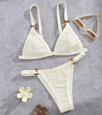 Textured Taupe Triangle Bikini with White Contrast Piping and Ring Hardware