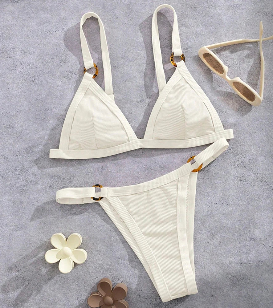 Textured Taupe Triangle Bikini with White Contrast Piping and Ring Hardware