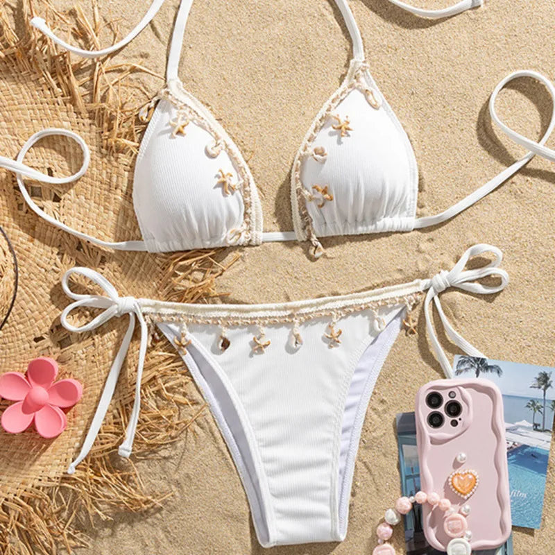 Ribbed Earthy Brown Triangle Bikini with Seashell and Lace Trim