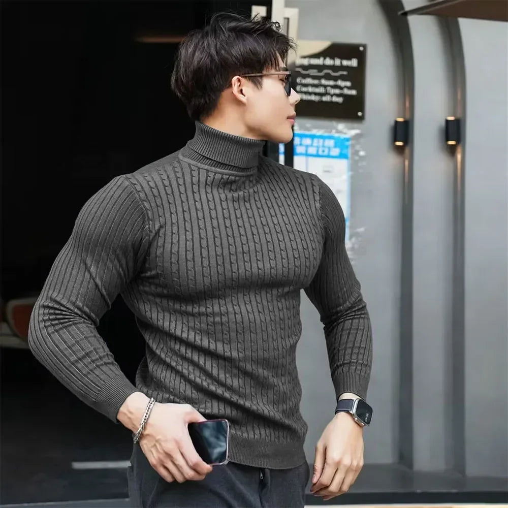 Men's Slim Fit Ribbed Turtleneck Contemporary Streetwear Knit Sweater