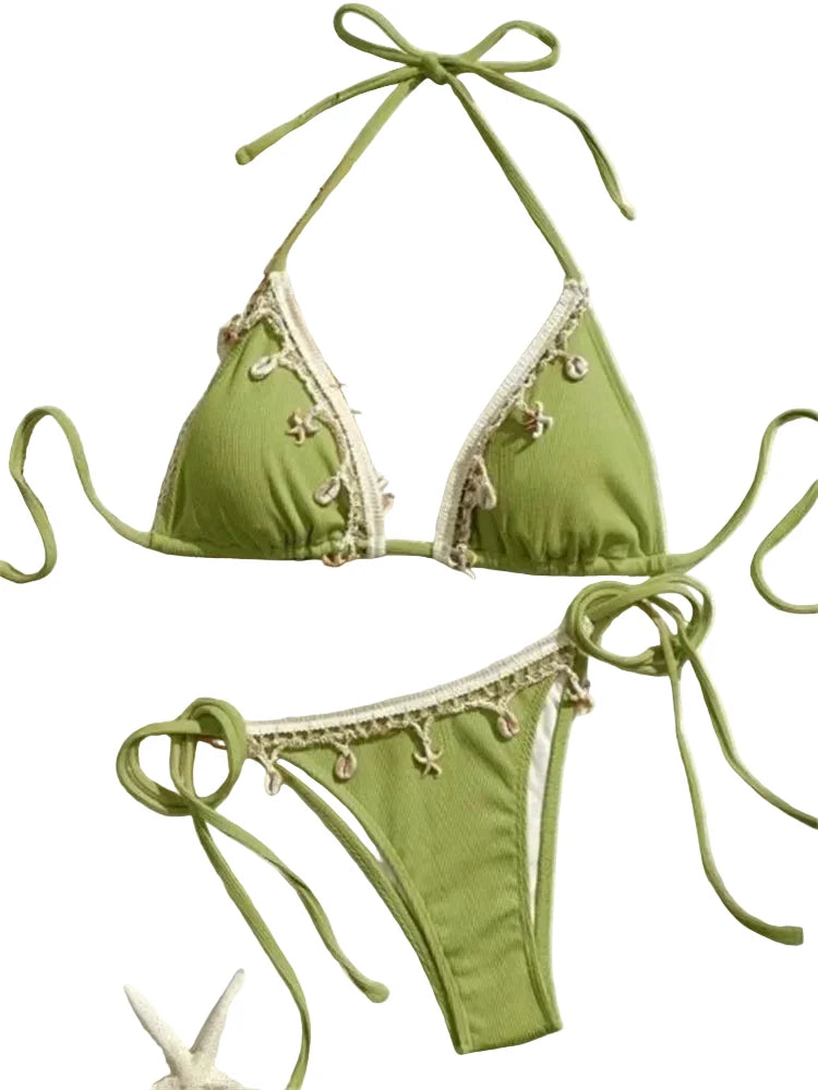 Earthy Olive Green Triangle String Bikini with Crochet and Shell Trim Details