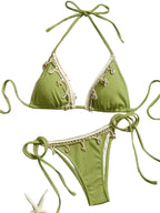 Earthy Olive Green Triangle String Bikini with Crochet and Shell Trim Details