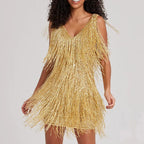 Layered Fringe V-Neck Mini Dress with Dynamic Tassel Detailing