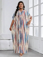 Abstract Print Batwing Sleeve Maxi Dress with Relaxed Flowing Silhouette