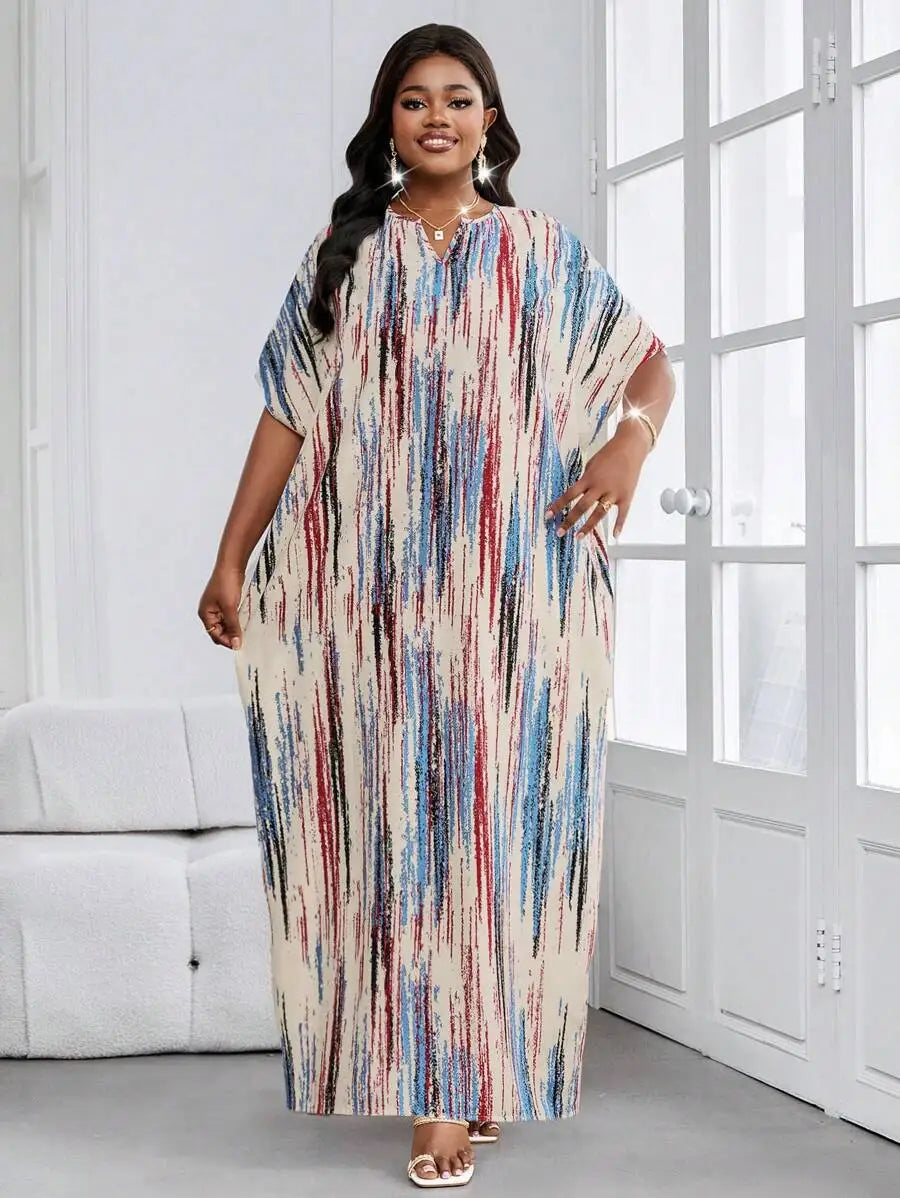 Abstract Print Batwing Sleeve Maxi Dress with Relaxed Flowing Silhouette