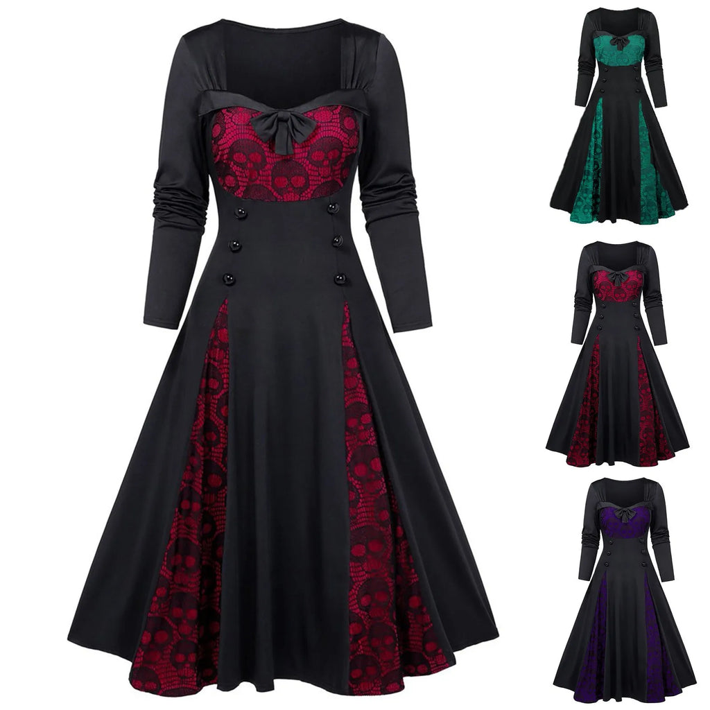 Dark Romance Panelled Maxi Dress with Sweetheart Neckline and Button Accents