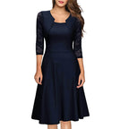 Square Neck A-Line Midi Dress with Lace Panels and Three Quarter Sleeves