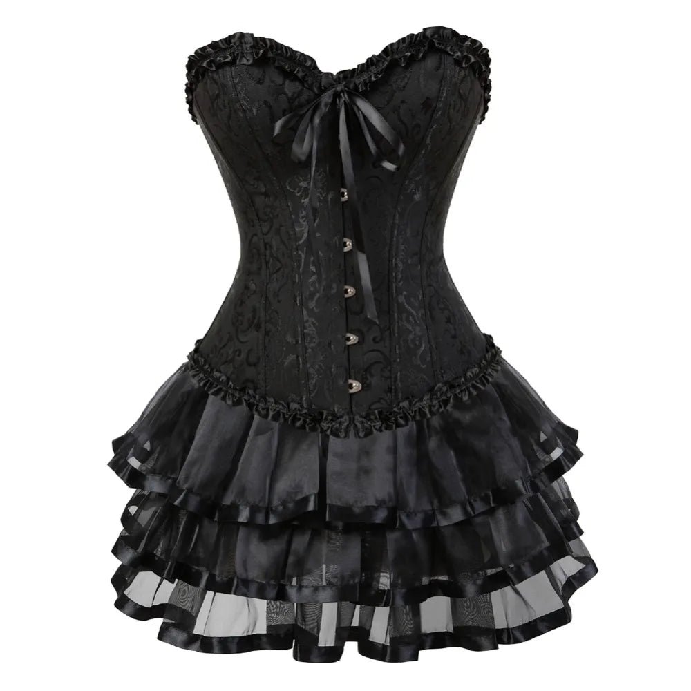 Ruffle Hem Overbust Corset Dress with Lace-Up Front and Layered Skirt