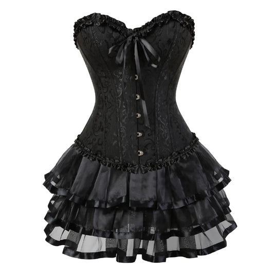 Ruffle Hem Overbust Corset Dress with Lace-Up Front and Layered Skirt