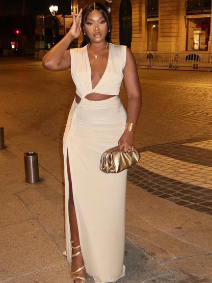 Sleeveless Sheath Maxi Dress with Deep V Neck and Side Slit