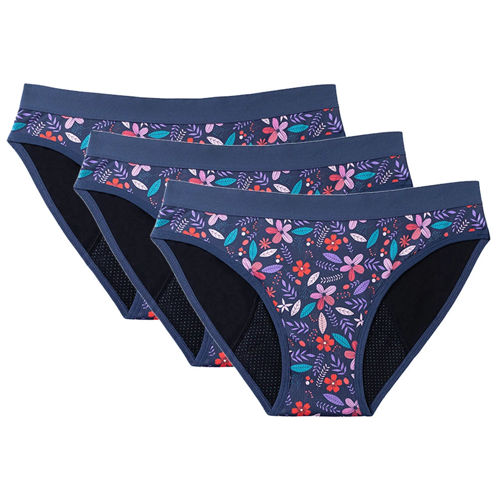 Three-Piece Floral Print Menstrual Brief Set with Contrast Waistbands