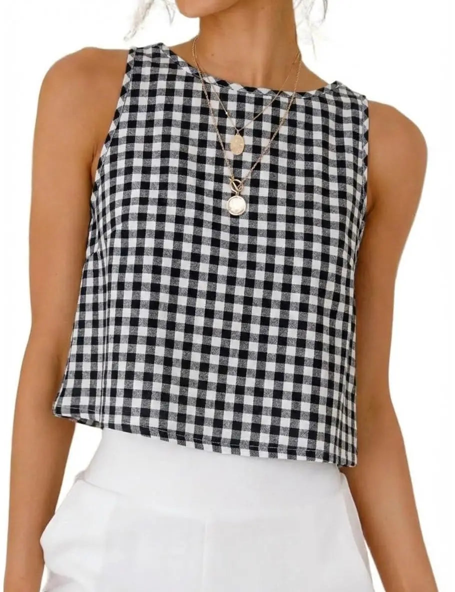 Gingham Sleeveless Crop Top with Minimalist Silhouette and Vintage Inspired Style