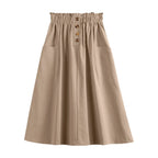 Elastic Waist A-Line Midi Skirt with Functional Side Pockets