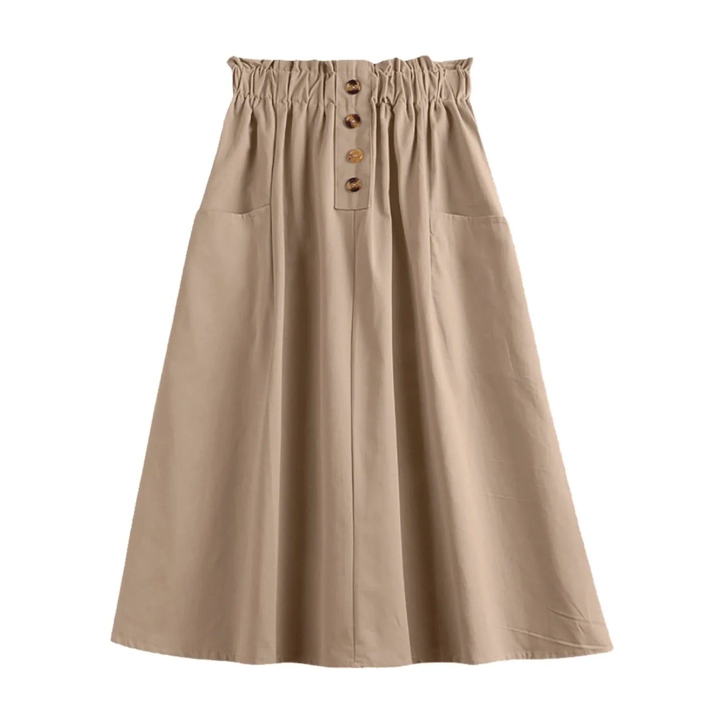 Elastic Waist A-Line Midi Skirt with Functional Side Pockets