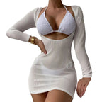 Three-Piece Crisp White String Bikini Set with Sheer Mesh Long-Sleeve Cover-Up