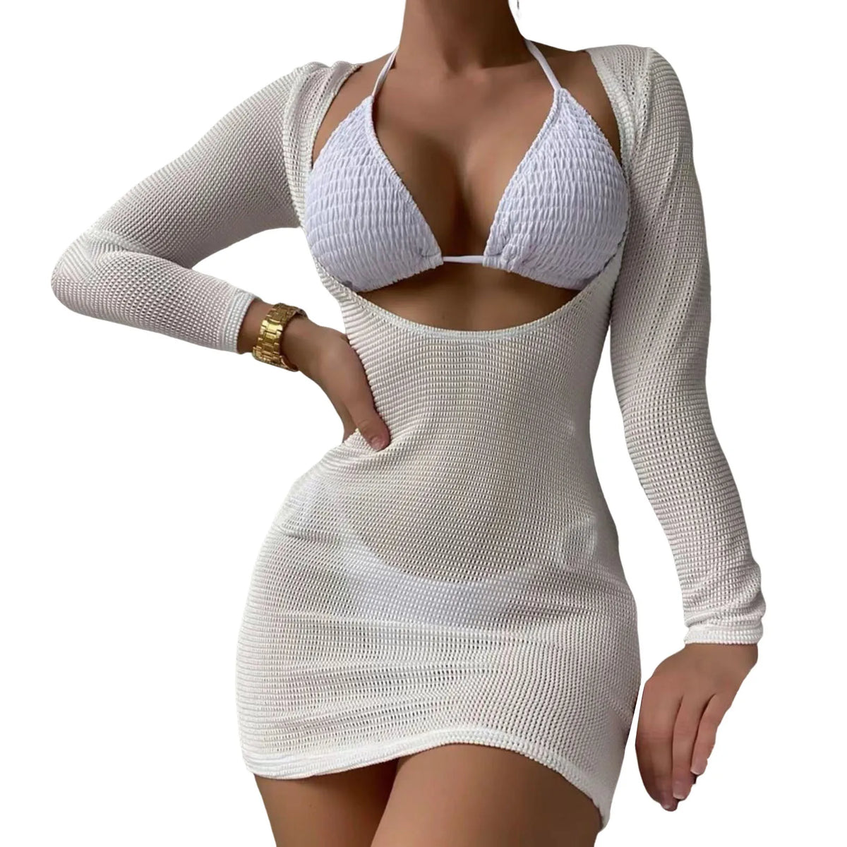 Three-Piece Crisp White String Bikini Set with Sheer Mesh Long-Sleeve Cover-Up