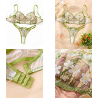 Ethereal Green Mesh and White Daisy Embroidered Underwire Bra Set