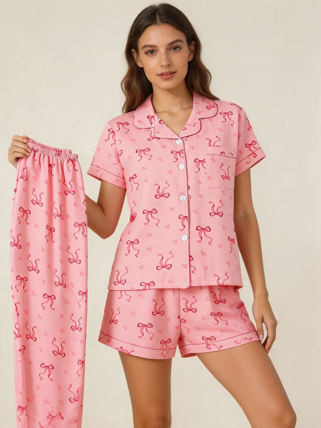 Three-Piece Cream Bow Print Pajama Lounge Set with Short-Sleeve Button-Down Top, Matching Shorts and Long Pants