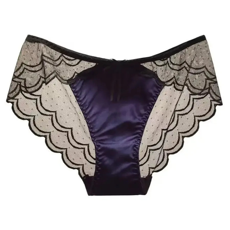 Romantic Plum and Black Lace Trim Satin-Look Brief Panty