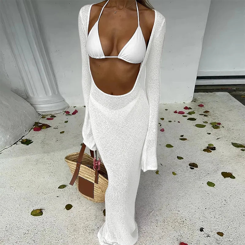 Three-Piece Swimwear Set with Pink Bikini and Sheer Long-Sleeve Maxi Cover-Up