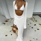 Three-Piece Swimwear Set with Pink Bikini and Sheer Long-Sleeve Maxi Cover-Up