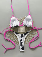 Bold Cow Print Triangle String Bikini with Neon Pink Binding