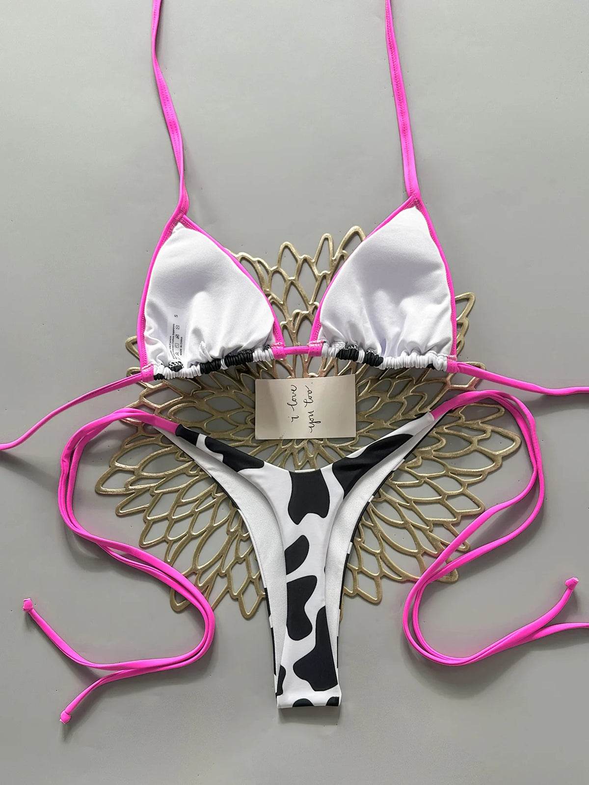 Bold Cow Print Triangle String Bikini with Neon Pink Binding