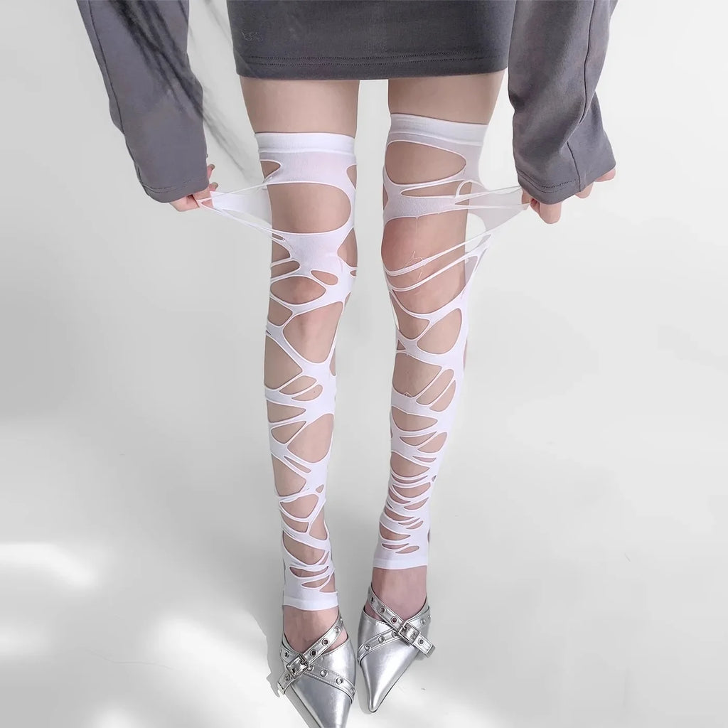 Distressed Over The Knee Fishnet Stockings Punk Y2K Alternative Hosiery