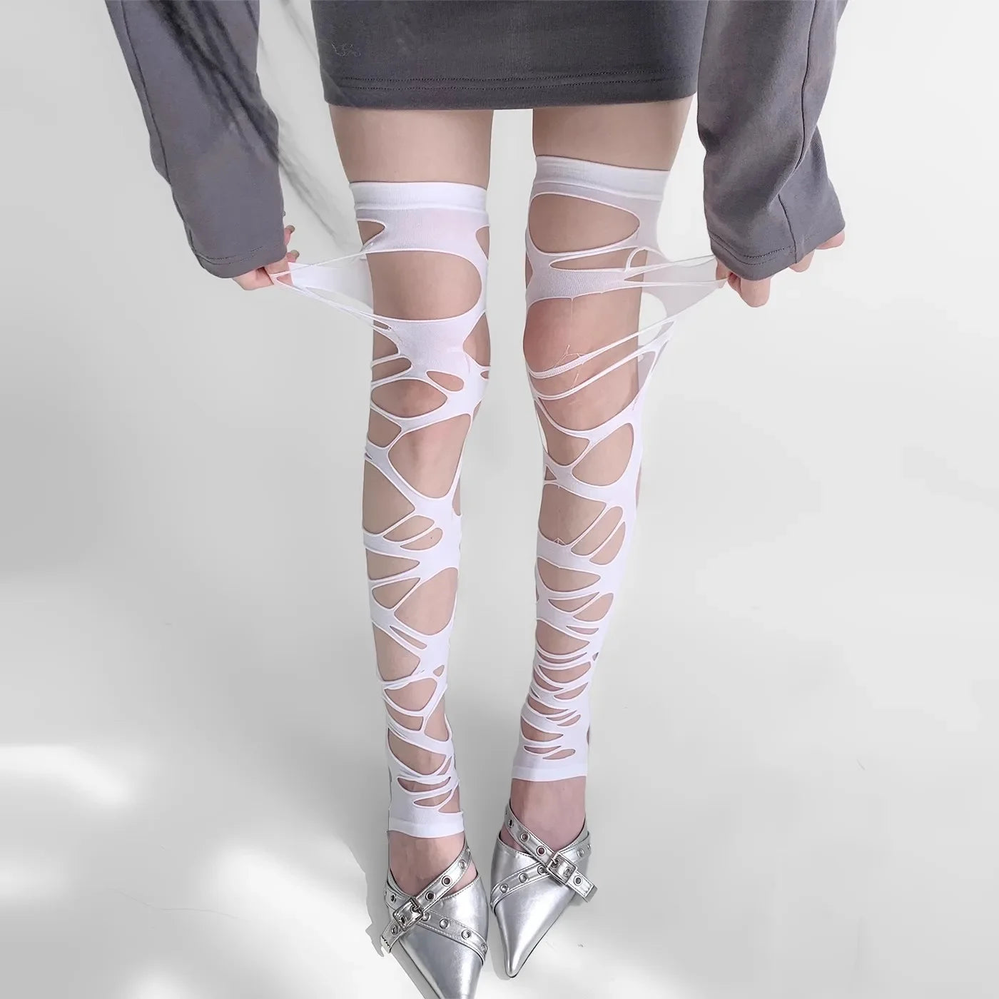Distressed Over The Knee Fishnet Stockings Punk Y2K Alternative Hosiery