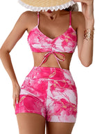 Vibrant Pink Tie-Dye High-Waisted Swim Set with Ruched Drawstring Bralette