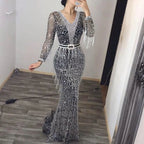 Sequin Fringe Maxi Dress with Long Sleeves and Figure-Hugging Silhouette