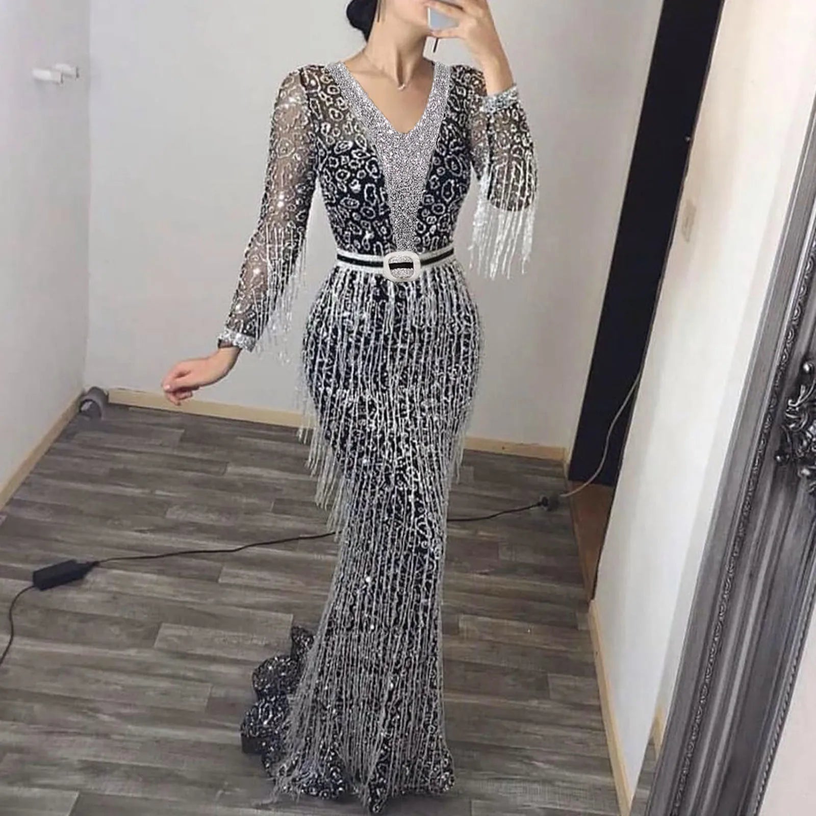 Sequin Fringe Maxi Dress with Long Sleeves and Figure-Hugging Silhouette