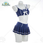 Vintage Sailor-Style High-Waisted Two-Piece Bikini Set with Navy Blue Skirt, Bow Detail and Matching Headband