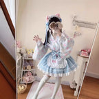 Pink Floral Wa-Lolita Maid Dress with Flowing Kimono Sleeves and Ruffled Apron