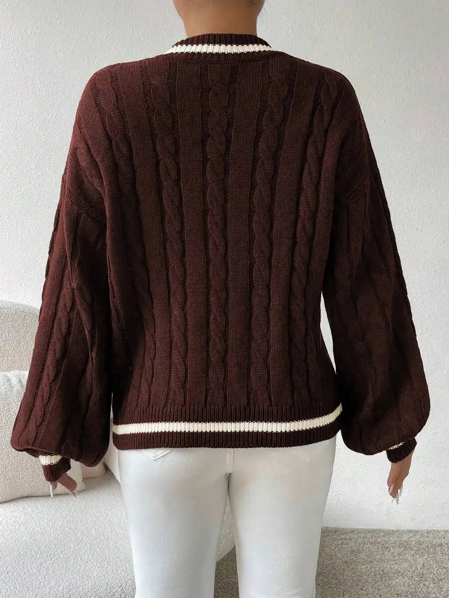 Women's Cable Knit V Neck Sweater with Contrast Trim Relaxed Fit Design